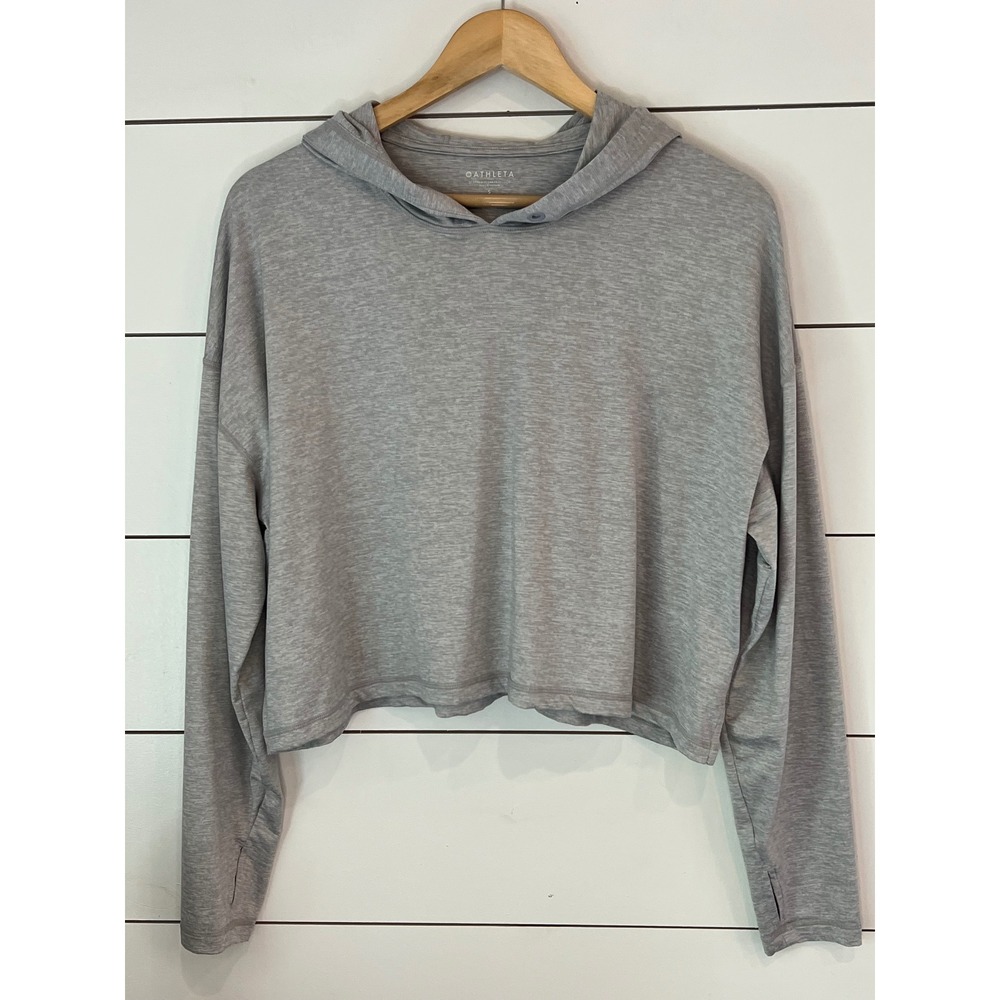 Athleta Heathered Grey Cropped Hoodie Sweatshirt Thumbholes Womens Small active